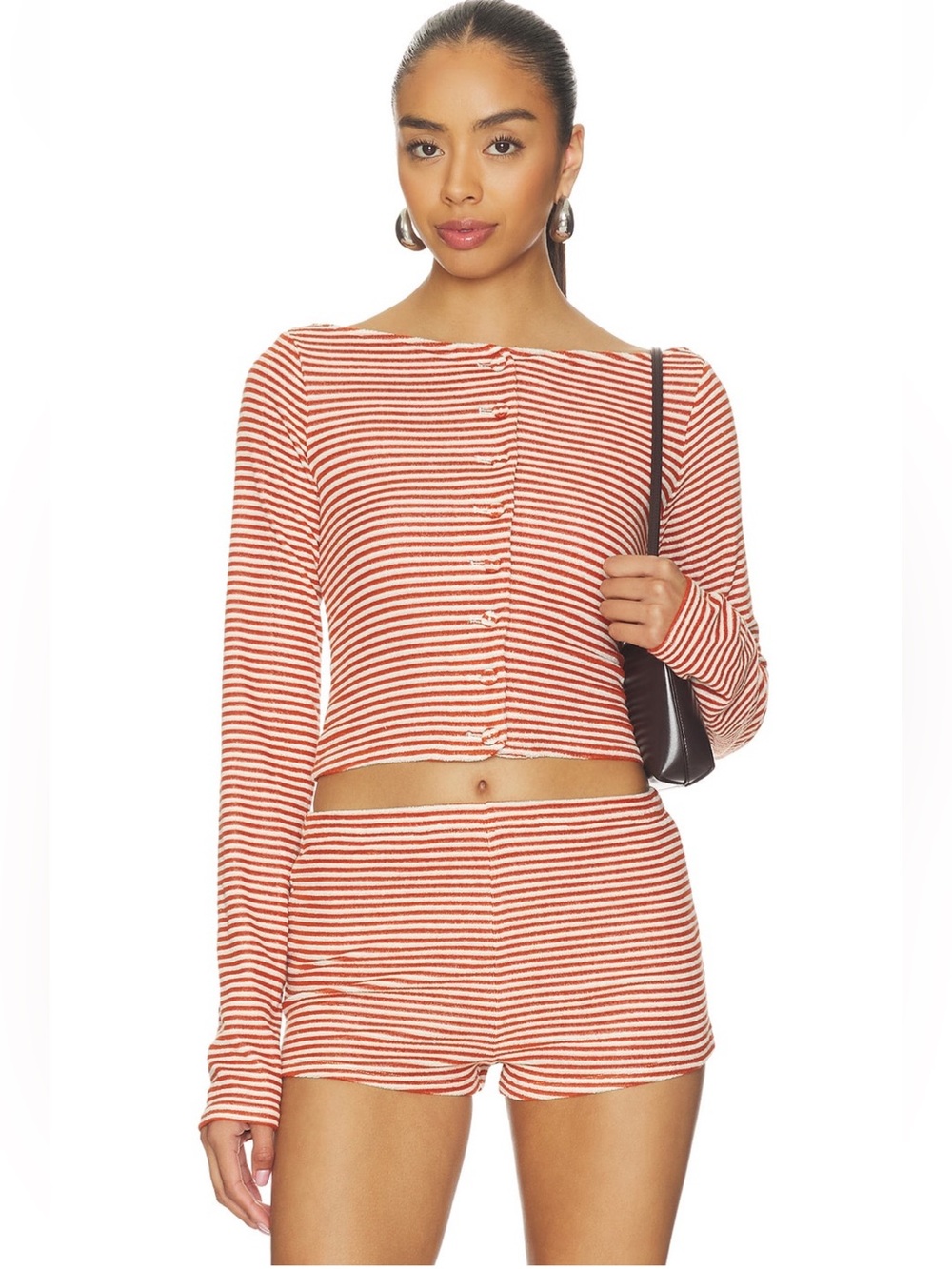 Stone Cold Fox Red and White Striped Rib-Knit Button Front Long Sleeve Crop Top
